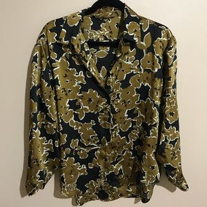 Zara Gold and Black Floral Button Up Blouse